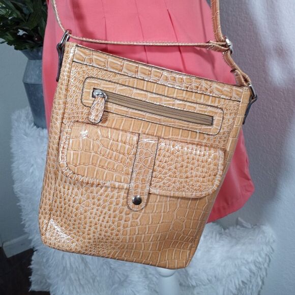 GOLDEN TAN/BROWN FAUX CROC EMBOSSED CROSSBODY BAG EUC - Picture 5 of 5